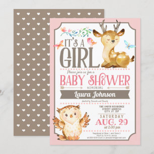 Woodland Deer en Owl Girl Baby shower Uitnodiging