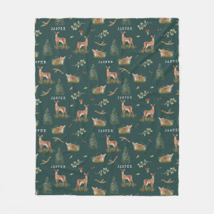 Woodland Deer Fawn Pattern Baby Green Baby Name Fleece Deken