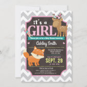 Woodland Deer & Fox Baby shower Invitation Girl (Devant)