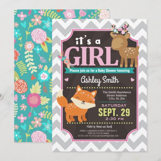 Woodland Deer & Fox Baby shower Invitation Girl (Devant / Derrière)