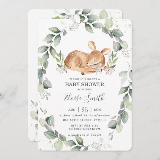 Woodland Deer Rustic Greenery Leafy Baby shower Kaart (Voorkant / Achterkant)