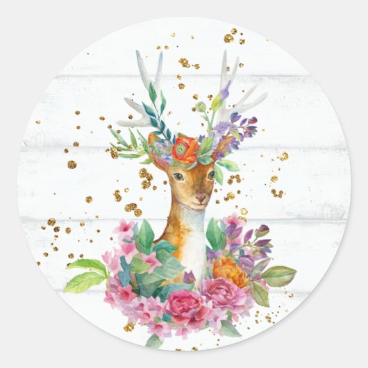 Woodland Deer with Floral Crown Ronde Sticker (Voorkant)
