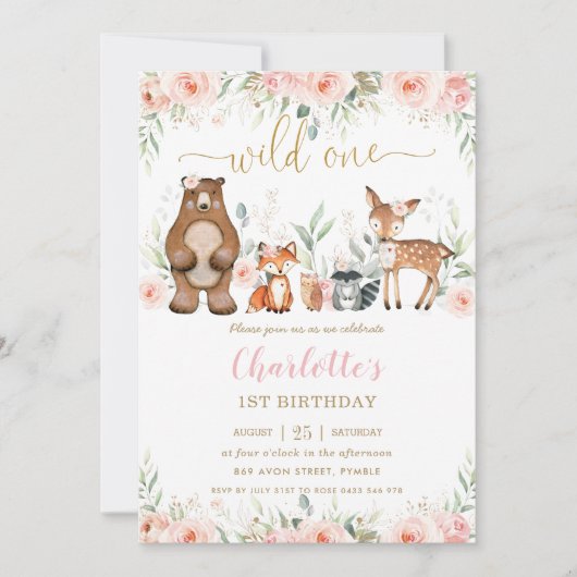 Woodland Dieren Blush Bloemen 1e Verjaardag Een Kaart (Voorkant)