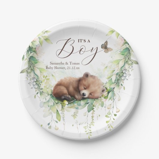 Woodland Dieren Bos groen Baby Jongen Douche Papieren Bordje (Voorkant)