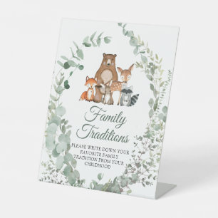 Woodland dieren favoriete familie tradities spel reclamebord met voetstuk