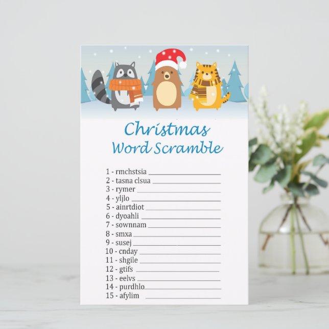 Woodland dieren kerst woord scramble spel (Staand voorkant)