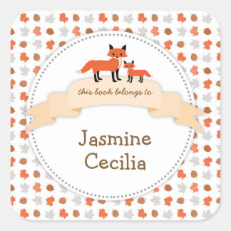 Woodland dierlijke boekenplaat met moeder baby fox vierkante sticker