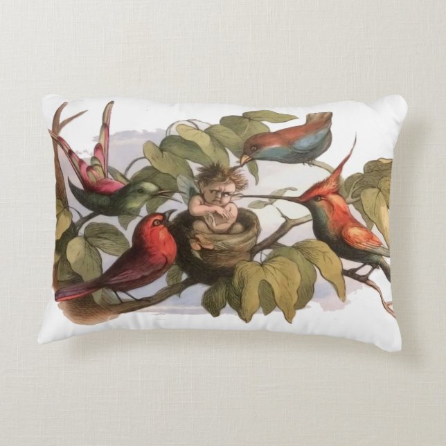 Woodland Elf in Nest: Antiek Bird Sprite Fairy Accent Kussen (Achterkant)