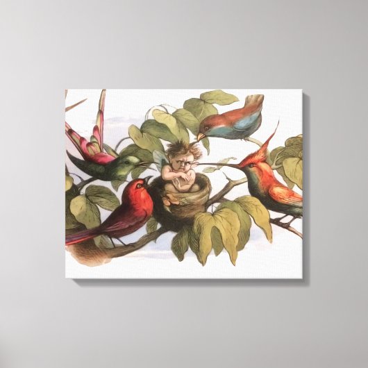 Woodland Elf in Nest: Antiek Bird Sprite Fairy Canvas Afdruk (Voorkant)