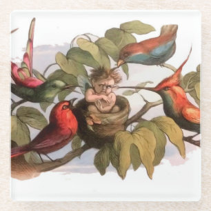 Woodland Elf in Nest: Antiek Bird Sprite Fairy Glazen Onderzetter