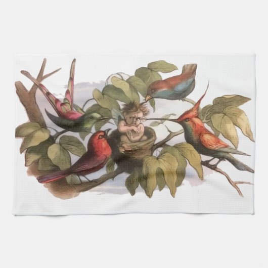 Woodland Elf in Nest: Antiek Bird Sprite Fairy Theedoek (Horizontaal)