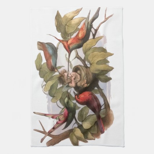 Woodland Elf in Nest: Antiek Bird Sprite Fairy Theedoek (Verticaal)
