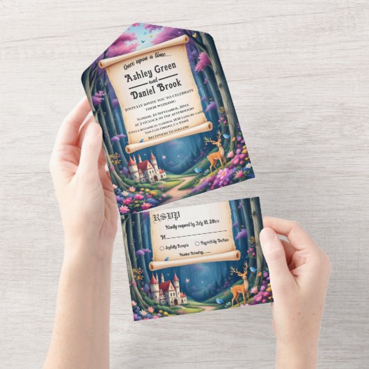 Woodland Enchanted Forest Castle Sprookjeshuwelijk All In One Uitnodiging (Afscheurbaar)