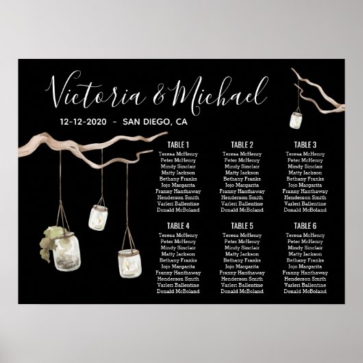 Woodland Evening Branch Mason Jars Seating Chart Poster (Voorkant)