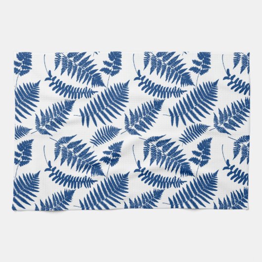 Woodland Fern Pattern, Cobalt Blue op White Theedoek (Horizontaal)