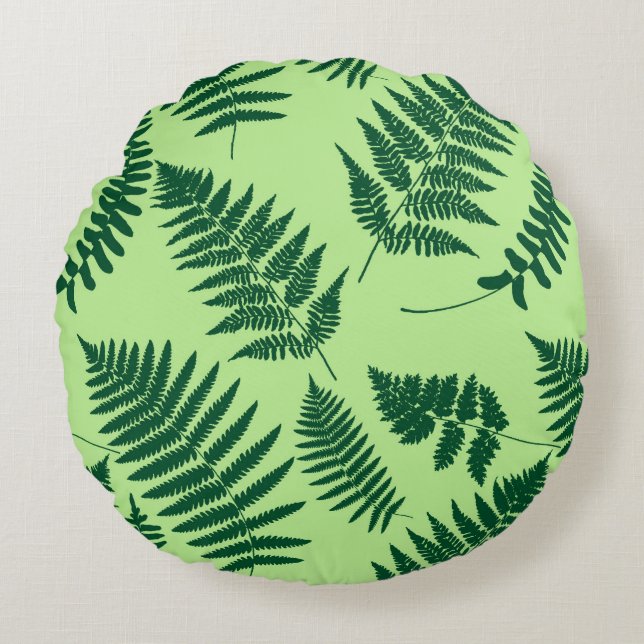 Woodland Fern Pattern, Emerald and Light Green Rond Kussen (Voorkant)