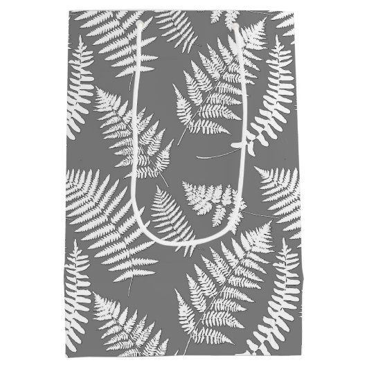 Woodland Fern Pattern, Grey / Grey and White Medium Cadeauzakje (Achterkant)