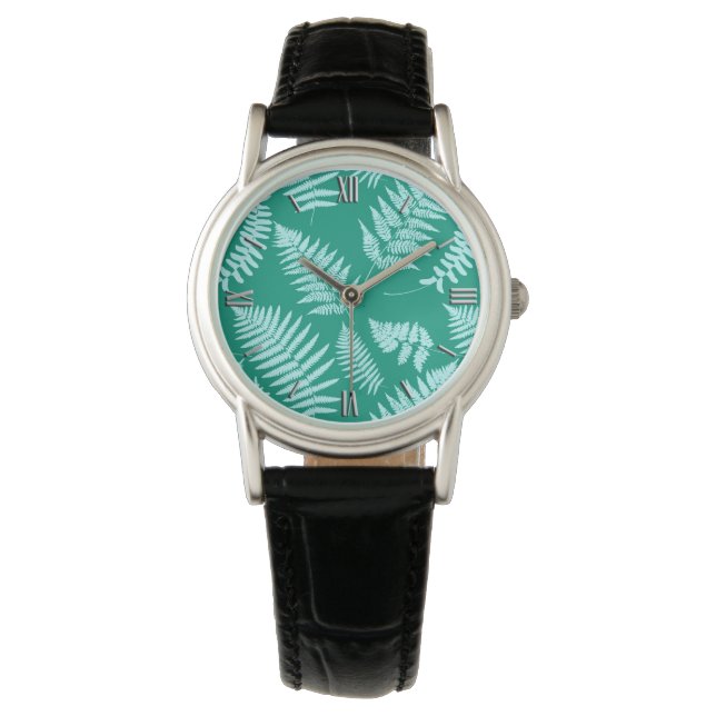 Woodland Fern Pattern, Turquoise en Aqua Horloge (Voorkant)
