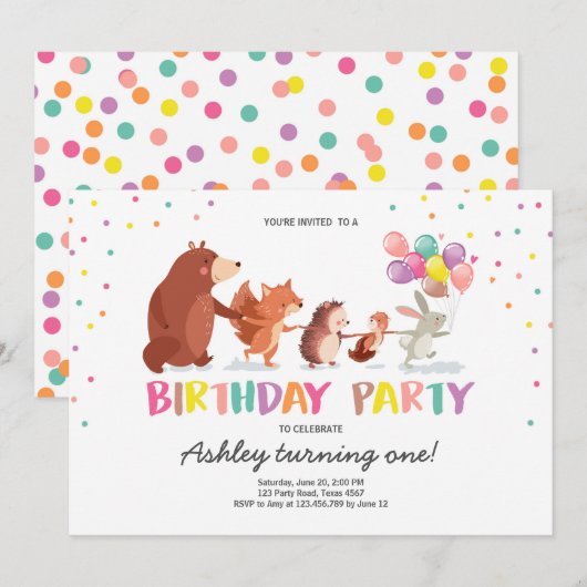 Woodland First Birthday Invitation Bos Dieren Kaart (Voorkant / Achterkant)