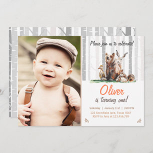 Woodland First Birthday Invitation Forest Animals Kaart