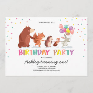 Woodland First Birthday Invitation Forest Animals Kaart
