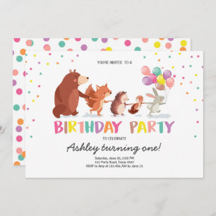 Woodland First Birthday Invitation Forest Animals Kaart