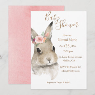 Woodland Floral Bunny Waterverf Script Baby Kaart
