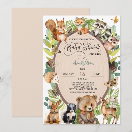 Woodland Forest Animal Baby shower Rustiek Schatti Kaart (Voorkant / Achterkant)