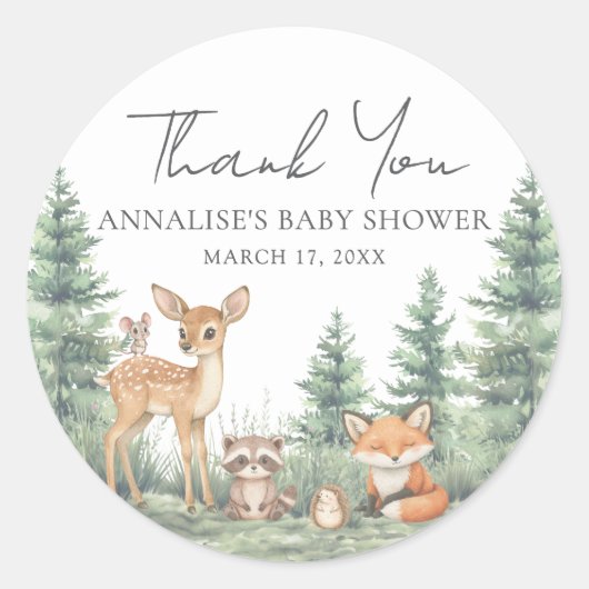 Woodland Forest Animals Baby shower Hartelijk dank Ronde Sticker (Voorkant)
