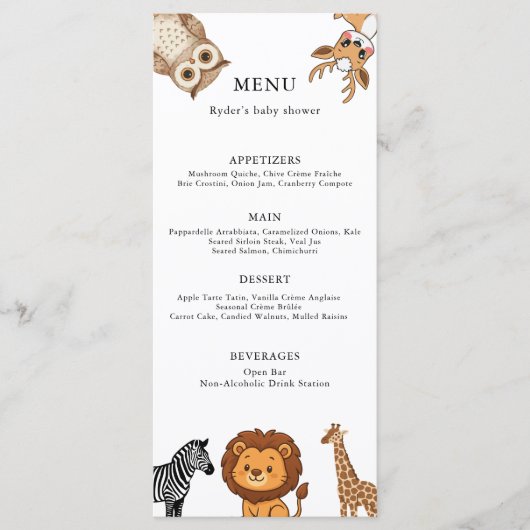 Woodland Forest Animals Baby Shower Menu (Voorkant)