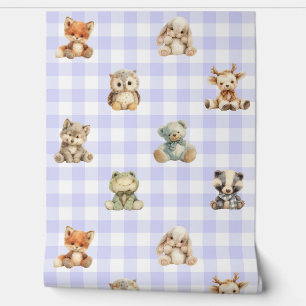 Woodland Forest Animals Lavender Plaid Baby Girl Behang