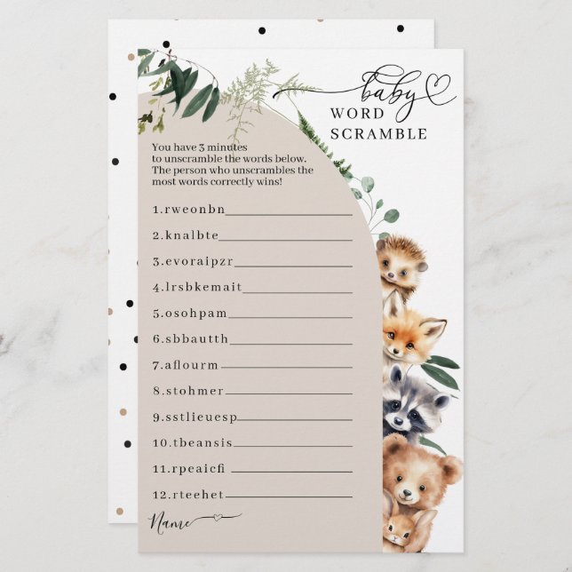 Woodland Forest Baby shower Scramble spel (Voorkant / Achterkant)