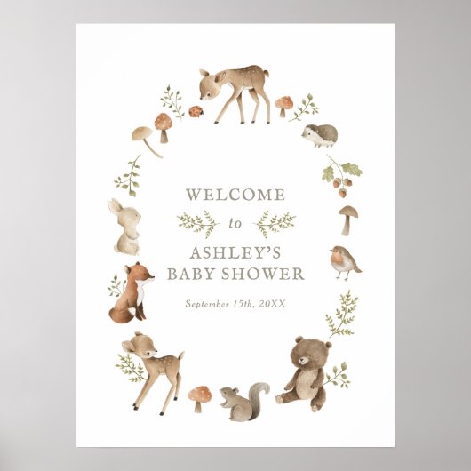 Woodland Forest Creatures Baby shower Welcome Poster (Voorkant)