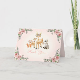 Woodland Forest Dieren Boho Roos Bloemen Dank u Bedankkaart