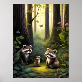 Woodland Forest dieren wasbeer familie AI kunst Poster