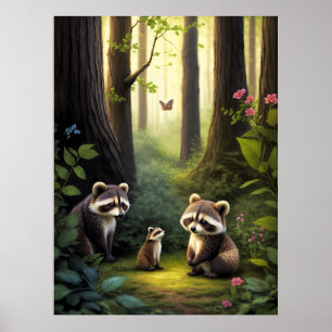 Woodland Forest dieren wasbeer familie AI kunst Poster