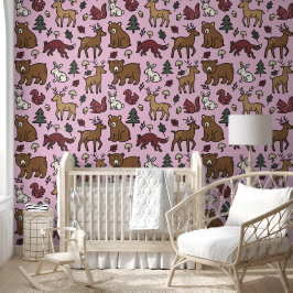 Woodland Forest Doodle Animals roze Behang
