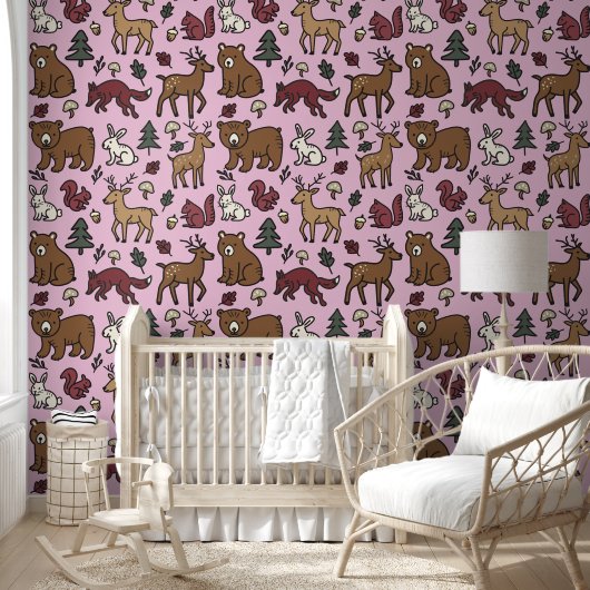 Woodland Forest Doodle Animals roze Behang (Kinderen)