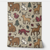 Woodland Forest Doodle Dieren Tan Behang (Afrollen)