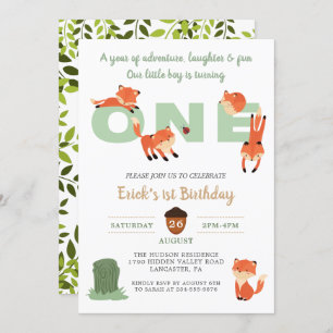 Woodland Forest Fox First Birthday Invitation Kaart