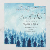 Woodland, Forest, Pine Trees Blue Save the Date (Voorkant / Achterkant)