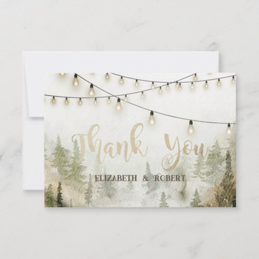 Woodland, Forest, Pine Trees, String Lights Bedankkaart (Voorkant)