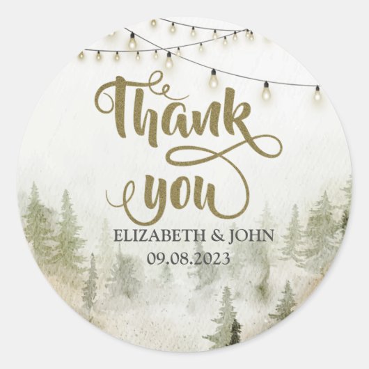 Woodland, Forest, Pine Trees, String Lights Dank u Ronde Sticker (Voorkant)