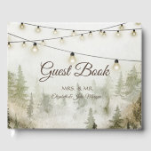 Woodland, Forest, Pine Trees, String Lights Weddin Gastenboek (Voorkant)