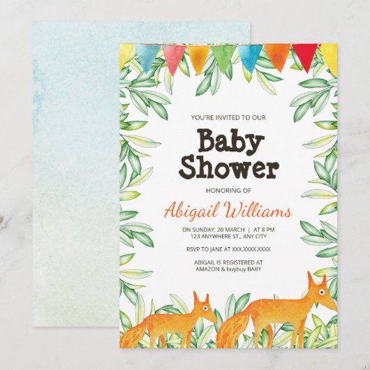 Woodland Fox Baby shower Kaart (Voorkant / Achterkant)