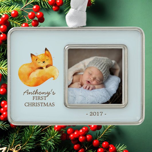 Woodland Fox Baby's 1e Kerstmis Foto Ornament