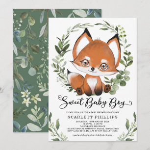 Woodland Fox Botanical Greenery Boy Baby shower Kaart