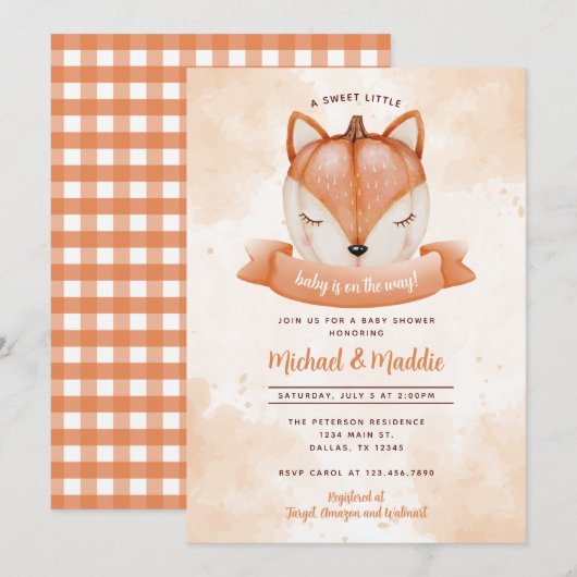 Woodland Fox Citrouille Baby shower Invitation d'i (Devant / Derrière)