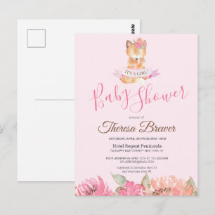 Woodland Fox Pink Waterverf Floral Baby shower Briefkaart