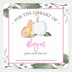 Woodland Fox Pompoen Herfst Baby shower Bookplate Vierkante Sticker